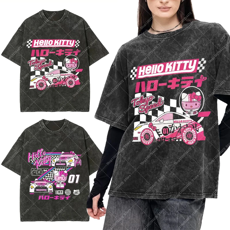 مرحبا كيتي الكبار خمر غسلها تي شيرت الصيف ملابس النساء أنيمي تي شيرت مطبوع فتاة قصيرة الأكمام كارتون لطيف تي شيرت 2025