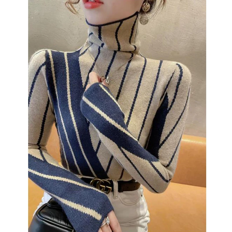 Women Korean Fashion Striped Turtleneck Elegant Knitted Sweater 2023 Autumn Winter Long Sleeve Warm Pullover Basic Tops Jumpers