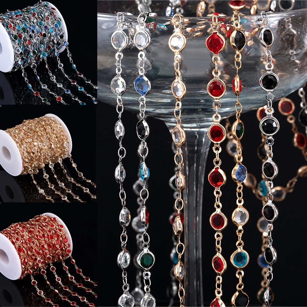 

1Meter/roll 7mm Colorful Crystal Beads Beaded Chain Glass Bead KC Gold Necklace Chain Accessories for DIY Jewelry Making Crafts