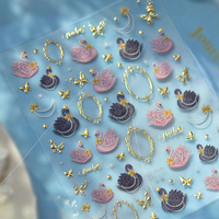 Royal Swan Necklace Photo Frame 5D Nail Art Stickers Black Pink Crown Gold Bowknot Butterfly Self Adhesive Manicure Decal DIY