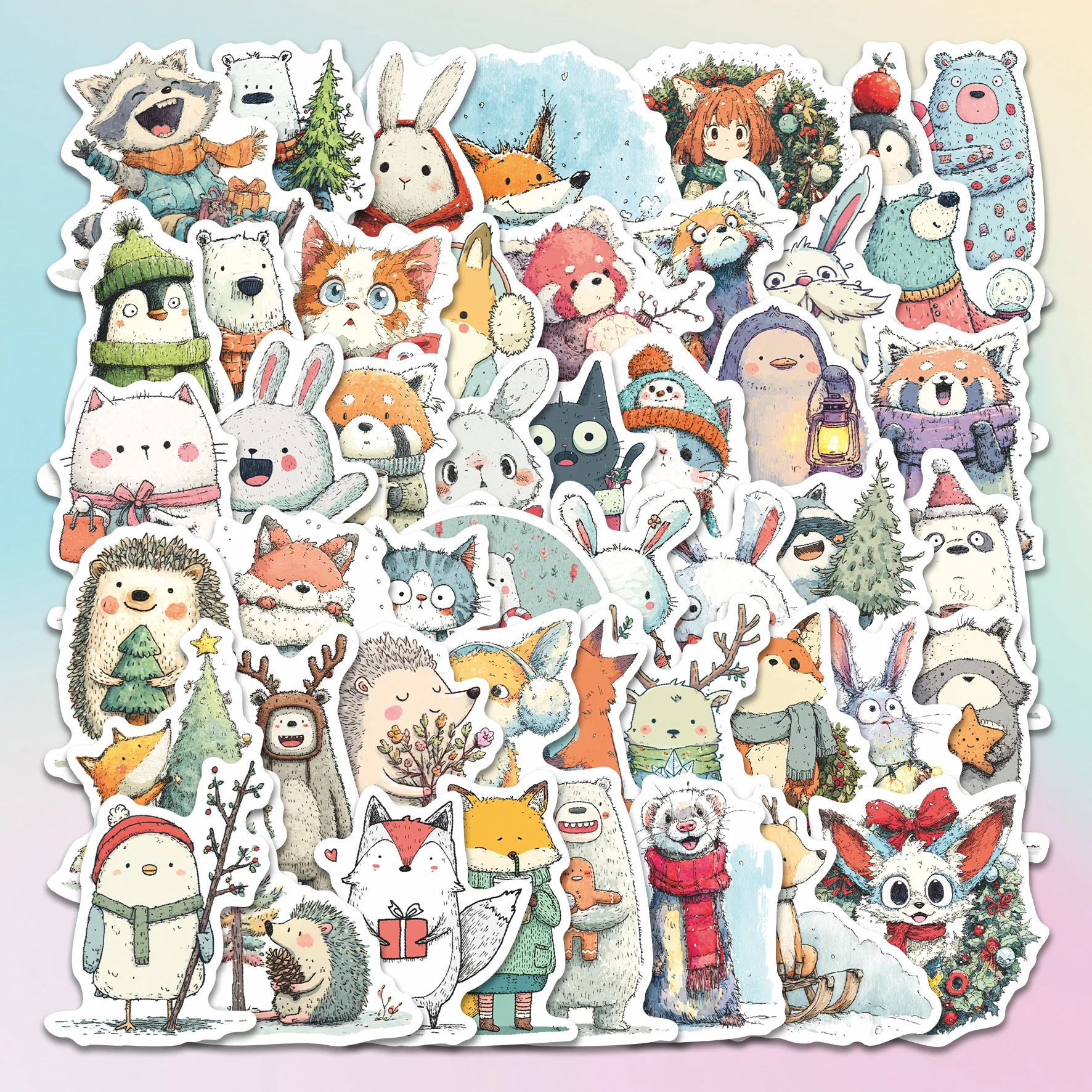 50pcs Winter Sketch Animal Stickers Pack, Vinyl Decals with Snowy Pets & Xmas Elements for Laptop, Journal & Water Bottle, Great