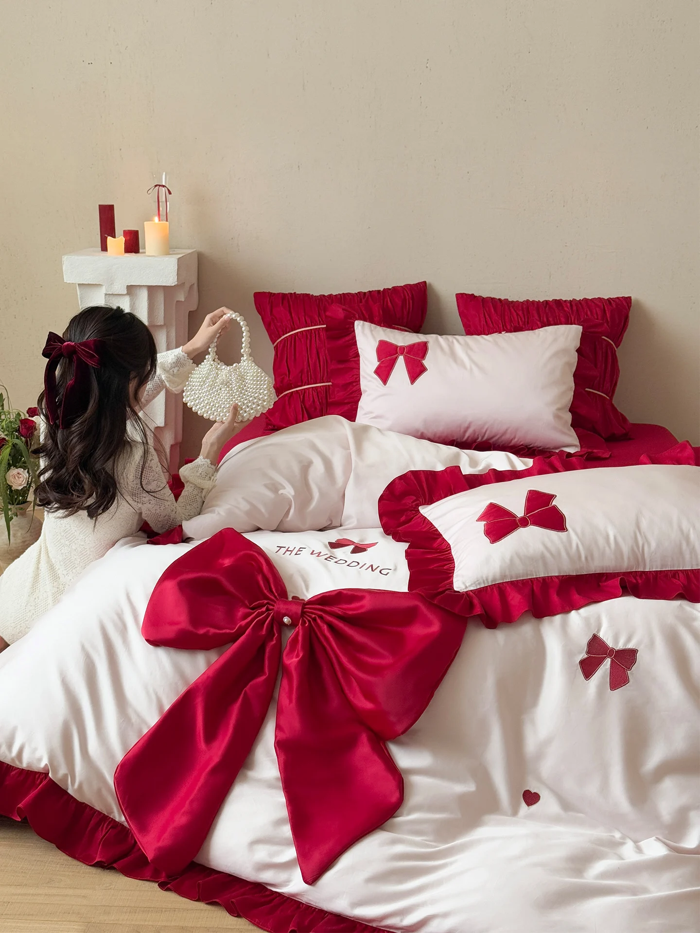 Romantic  Wedding Bedding Set Full Cotton Embroidered Red Celebration Duvet Cover Bed eet 8 Bed Cap