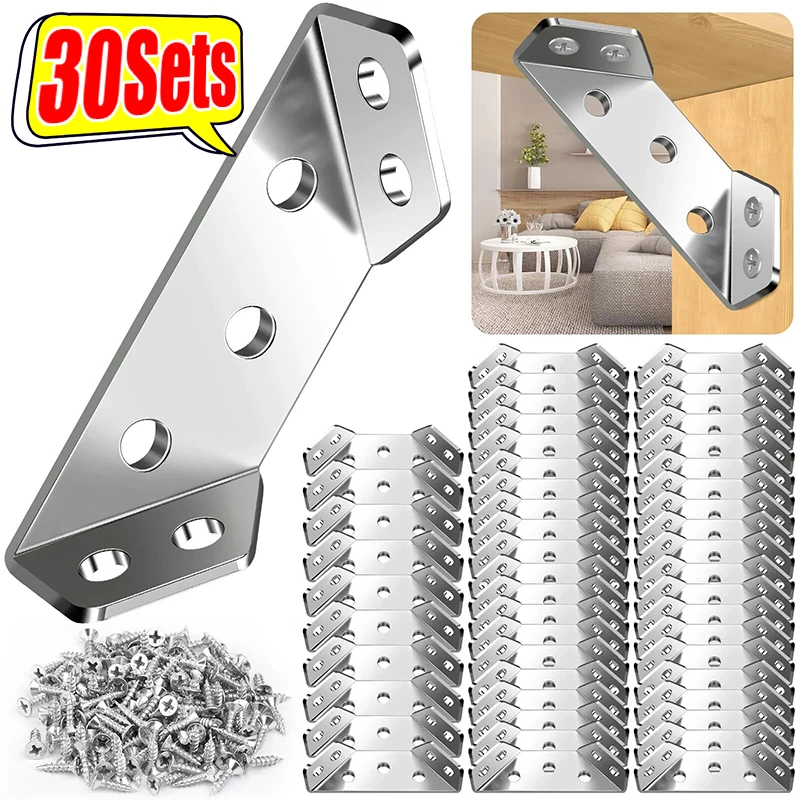 Universal Stainless Steel Corner Brackets Furniture Corner Connector for Cabinet Angle Shelf Support Fixed Brace Kits with Screw