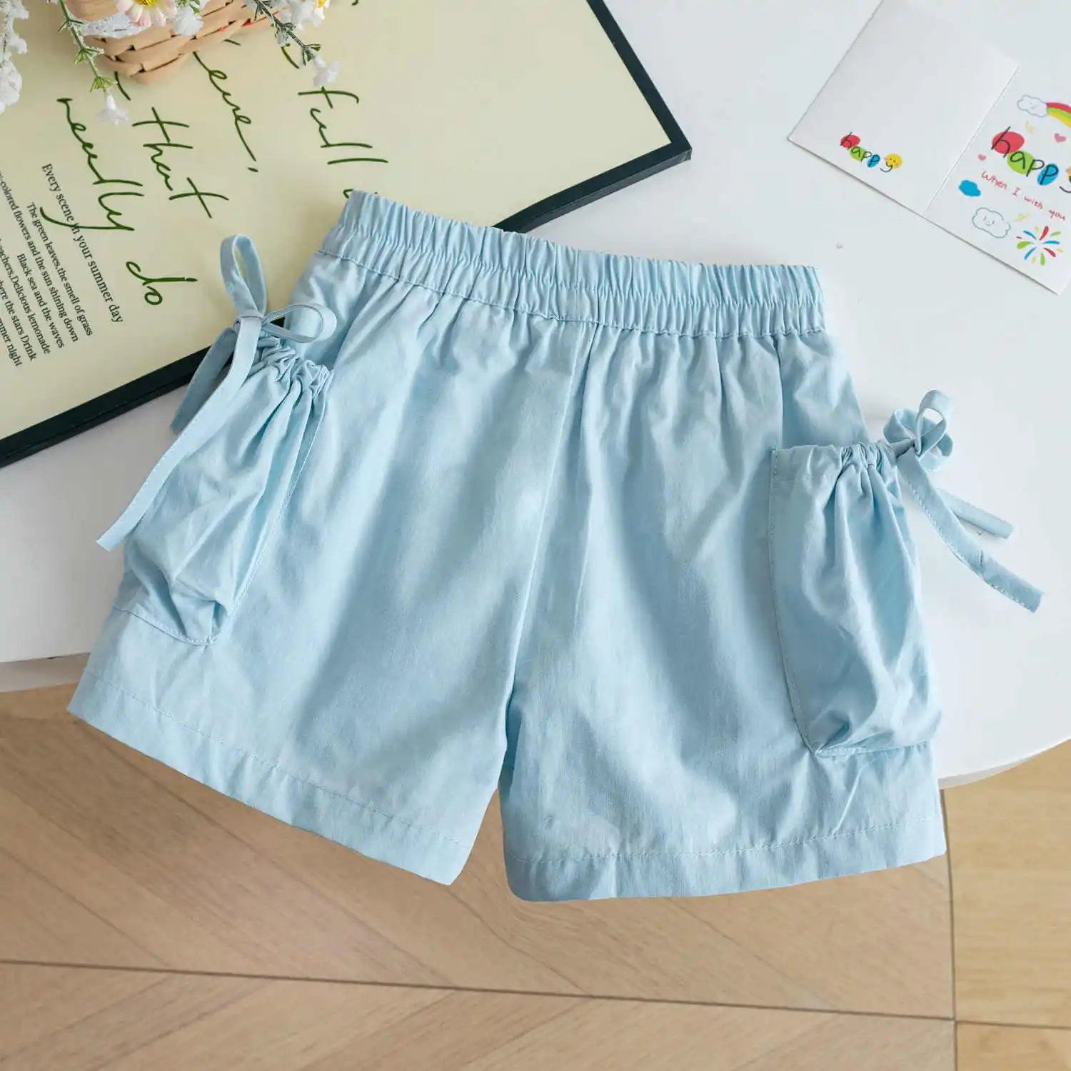 طفل الفتيات السراويل غير رسمية الحلو عقدة شعر للفتيات جيب كبير فضفاض رقيقة السراويل القصيرة الصيف الأطفال عارضة الركبة طول السراويل