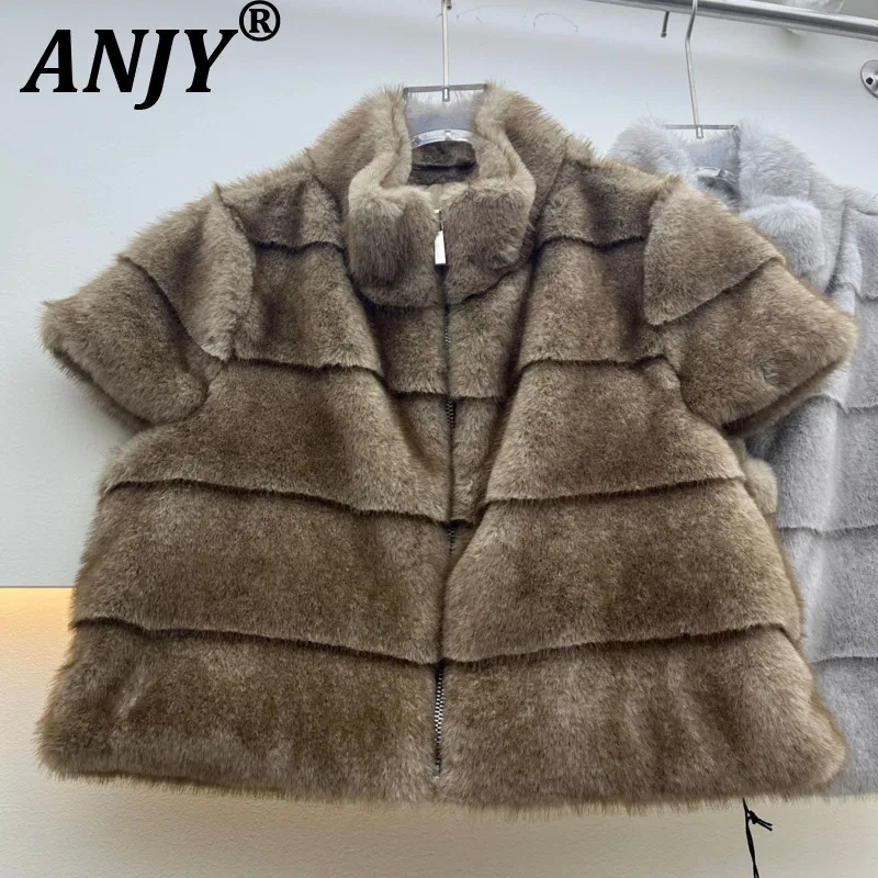 

ANJY Autumn Winter New Women Tide Korean Style Faux Fur Short Vest Coat Fashion Casual Stand Collar Ins Striped Waistcoat A18011