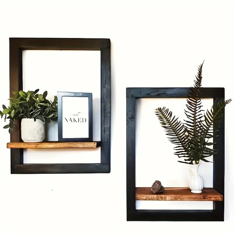 

Vintage Wooden Wall Shelf Set - Black & Brown Square Display Shelves with Hooks for Photos, Candles, Flowers, Albums
