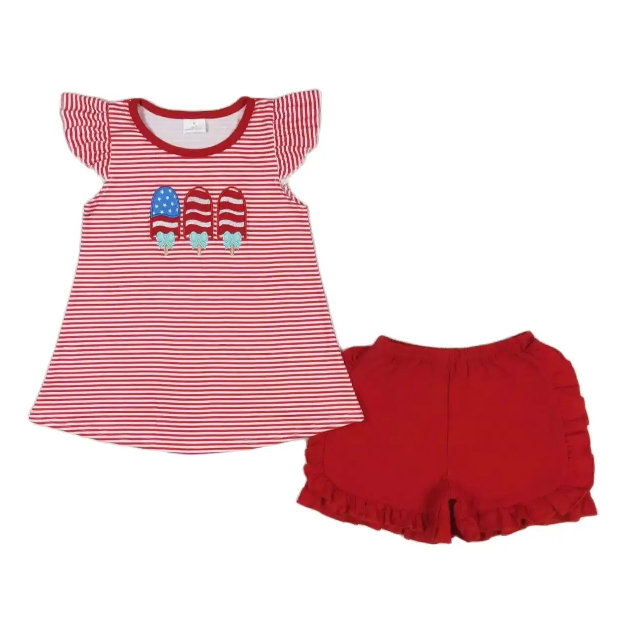 

Wholesale Embroidery Baby Girl Summer Short Sleeves Cotton Tunic Toddler July 4th Kids Set Children Red Stripes Shorts Outfit