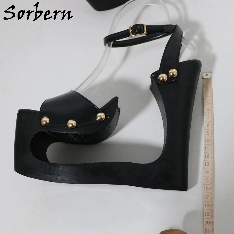 Sorbern الأسود الجوف خارج إسفين النساء الصنادل Slingback أحذية الصيف إسفين عالية الكعب مخصص الألوان الذهب المسامير #6