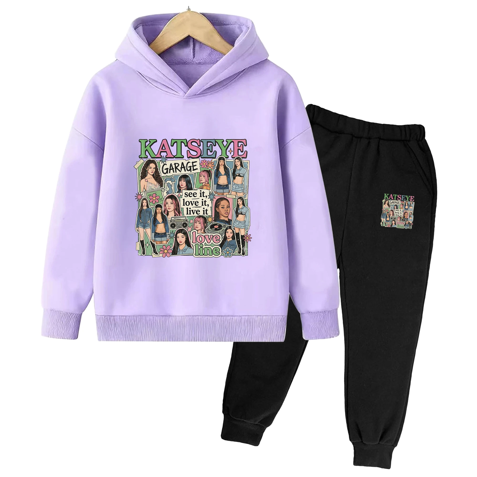 Girls Drawstring Hoodie Pants Set Katseye Korean Style Gothic Y2k Gnarly Fans Merch For 3-14Y Kids Winter Warm Cozy Cute
