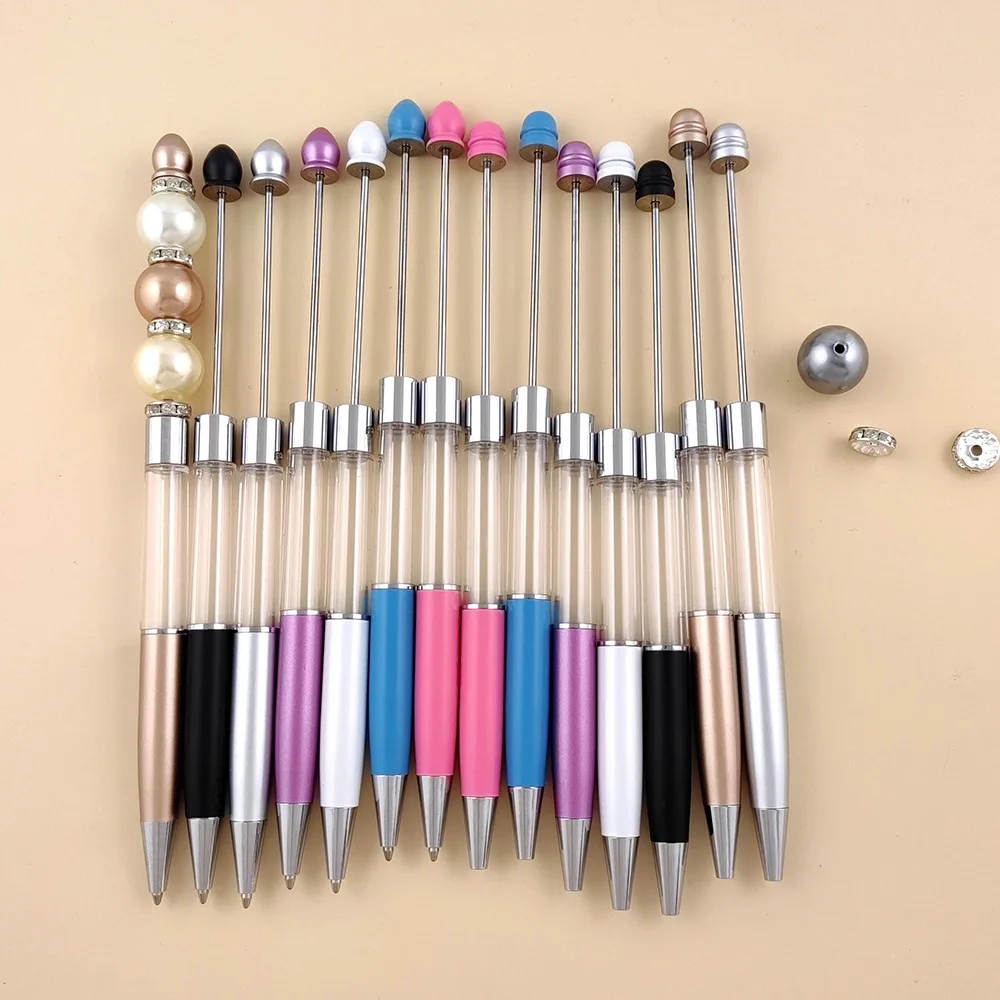 50Pcs Metal Beaded Ballpoint Pens Transparent Rod Bead Pen Ballpoint Pen Diy Crystal Oil Pens