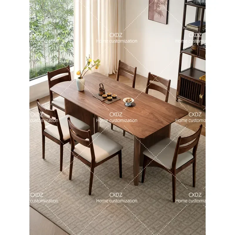 Rectangular Dining Table and Chair Set Chinese Style Walnut Color Wide Desktop Living Room Large Board Table