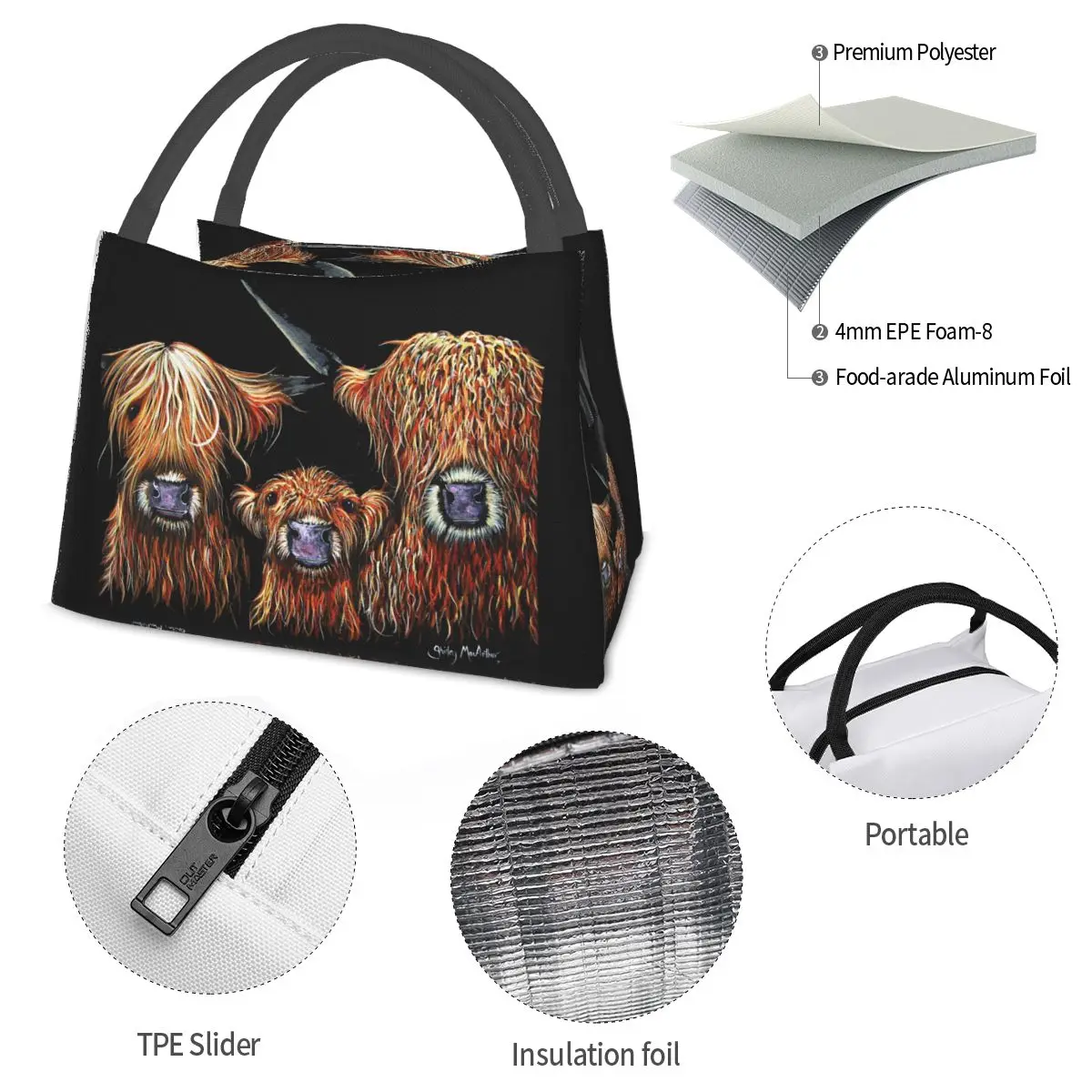 Schottische Hochland kühe Lunch pakete isoliert Bento Box Lunch Tote wieder verwendbare Picknick taschen Kühler Thermo tasche für Frau Mädchen Büro