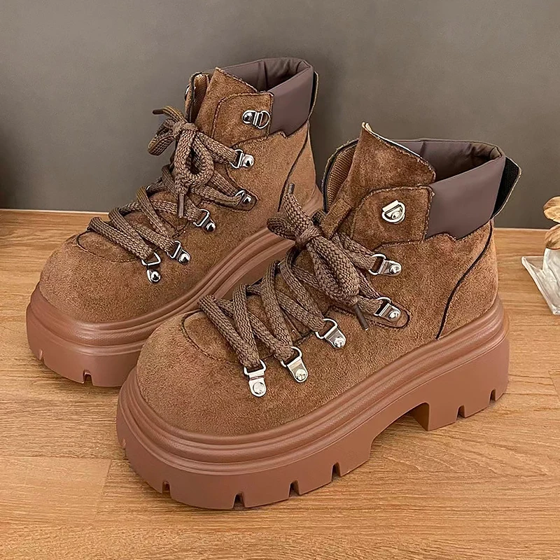 

Retro Brown Ankle Boots for Women Designer Platform Lace Up Fashion Winter Snow Boots Suede Cozy Motorcycle Shoe Botas De Mujer