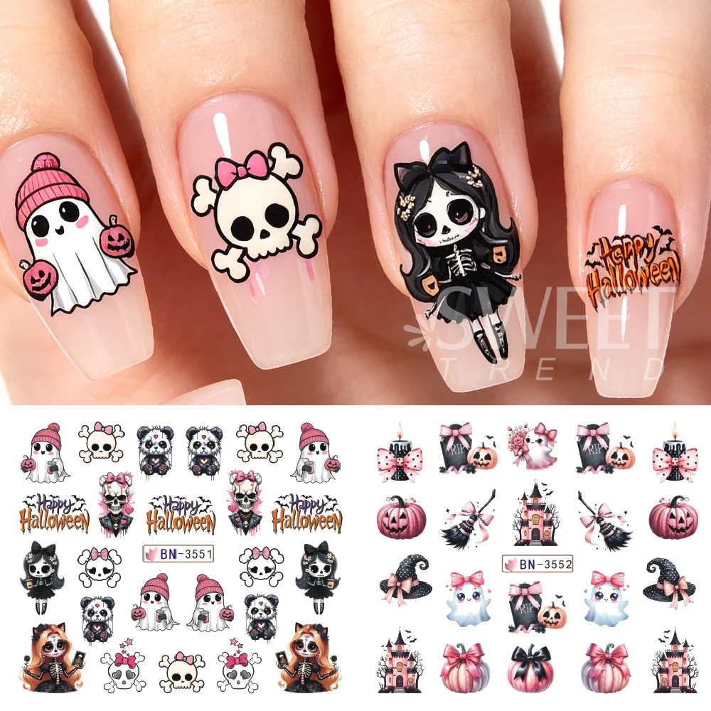 SWEET TREND-12 Design Halloween Water Transfer Nail Stickers Decals Ghost Pumpkin Skull Bat Nail Slider for Women Manicure Decor view 2