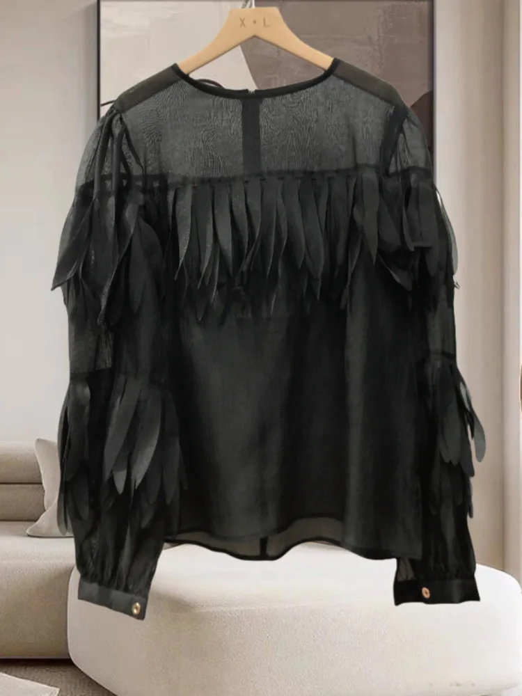 EWQ Sweet Style And Youth Woman Blouses Feather Tassel Solid Color O-neck Lantern Sleeve Shirt Spring Summer 2024 New 27SN5712