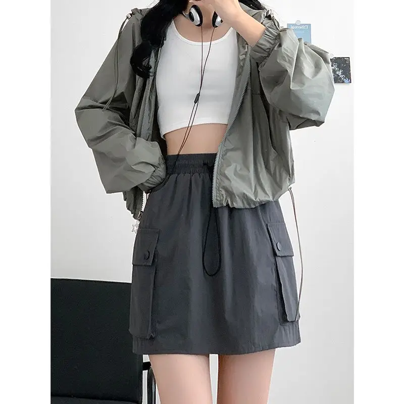 Simplicity American Style Fashion Summer Women's Solid Elastic Waist Drawstring Pocket Casual Versatile High Waist A-line Skirt