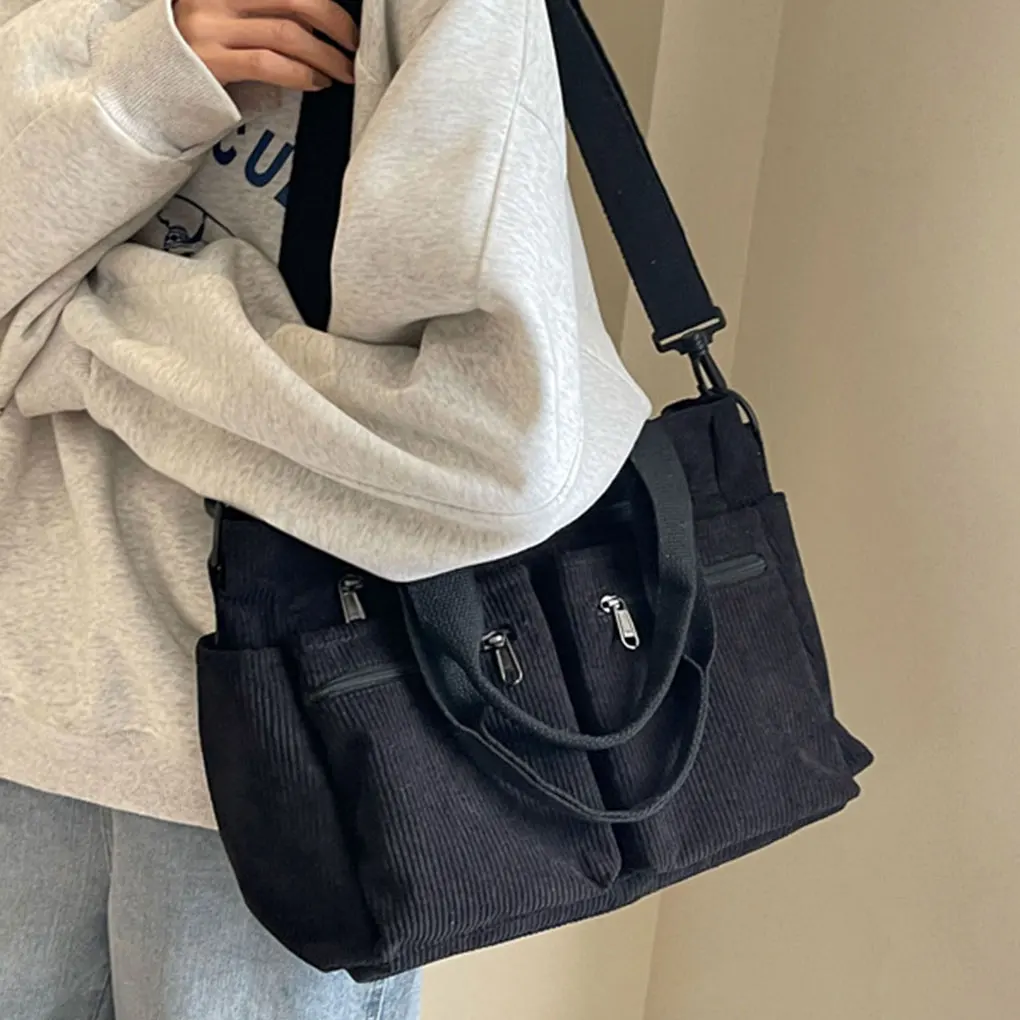 

Portable Corduroy Handbag Large Capacity Multi Pocket Practical And Convenient Unique white