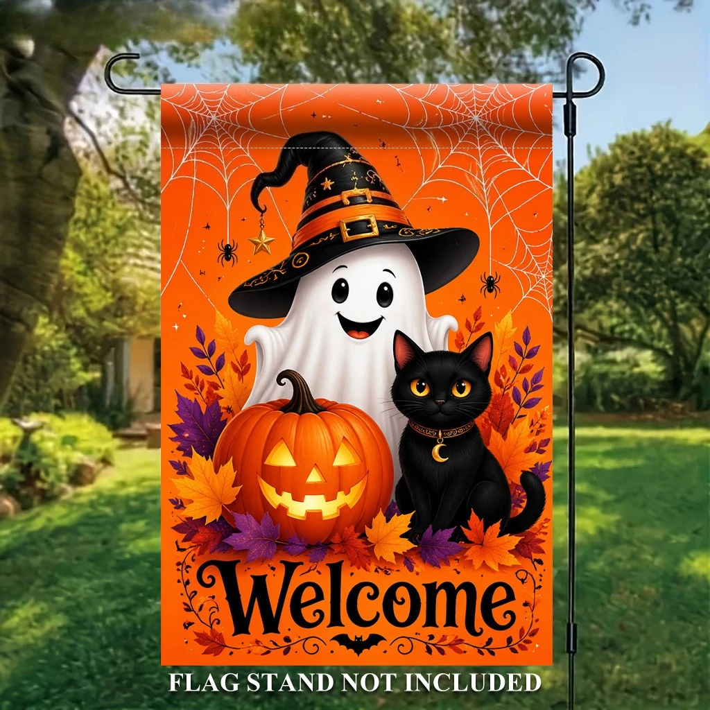1pc 2D Flat Garden Flag, Halloween Pumpkin and Black Cat Design, Single-Sided Polyester Garden Flag, Holiday Yard Outdoor Flag