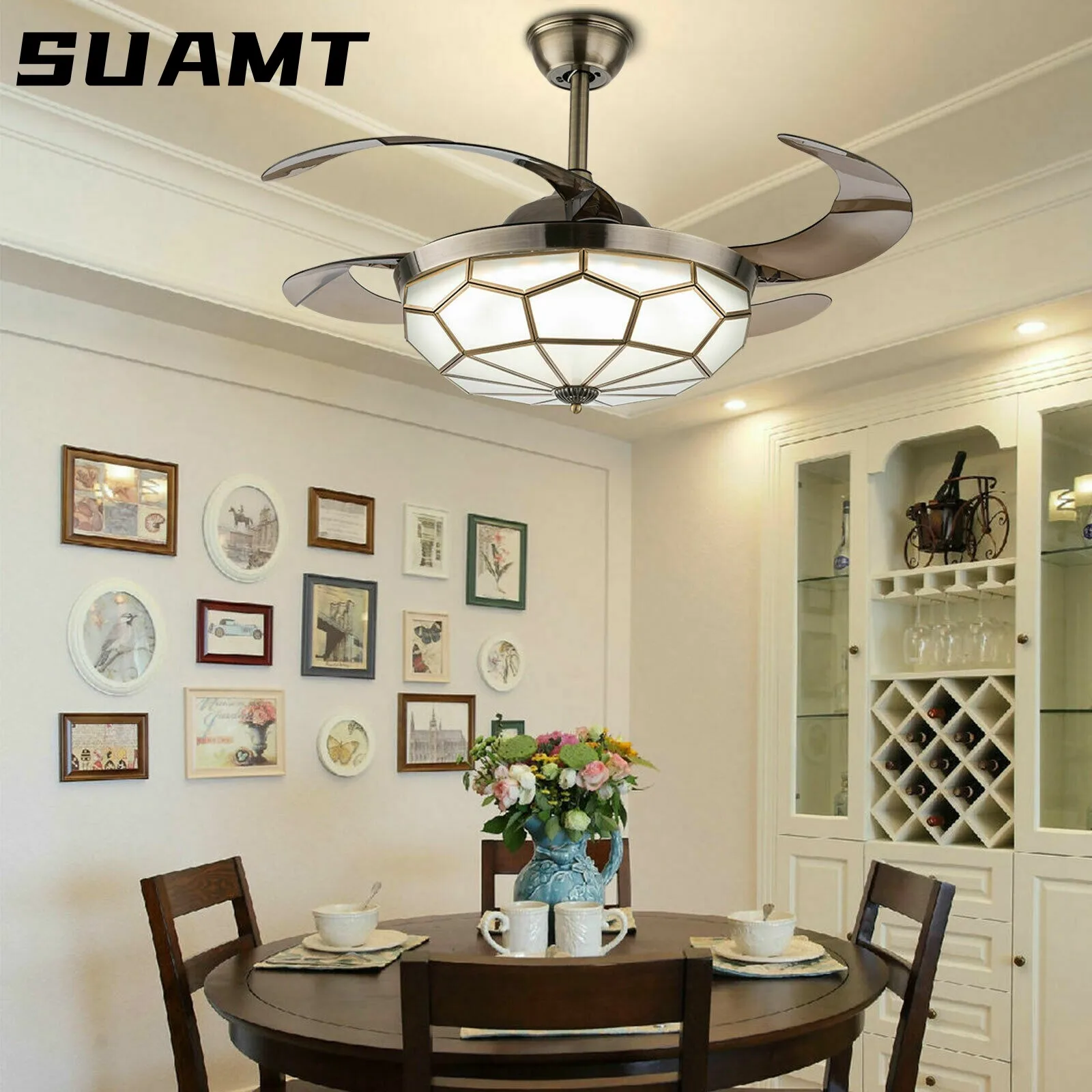 42 inch LED Ceiling Fan Light Home Decor Chandelier Retractable Blade with Remote Bedroom Retro Ceiling Fan Lamp for Summer