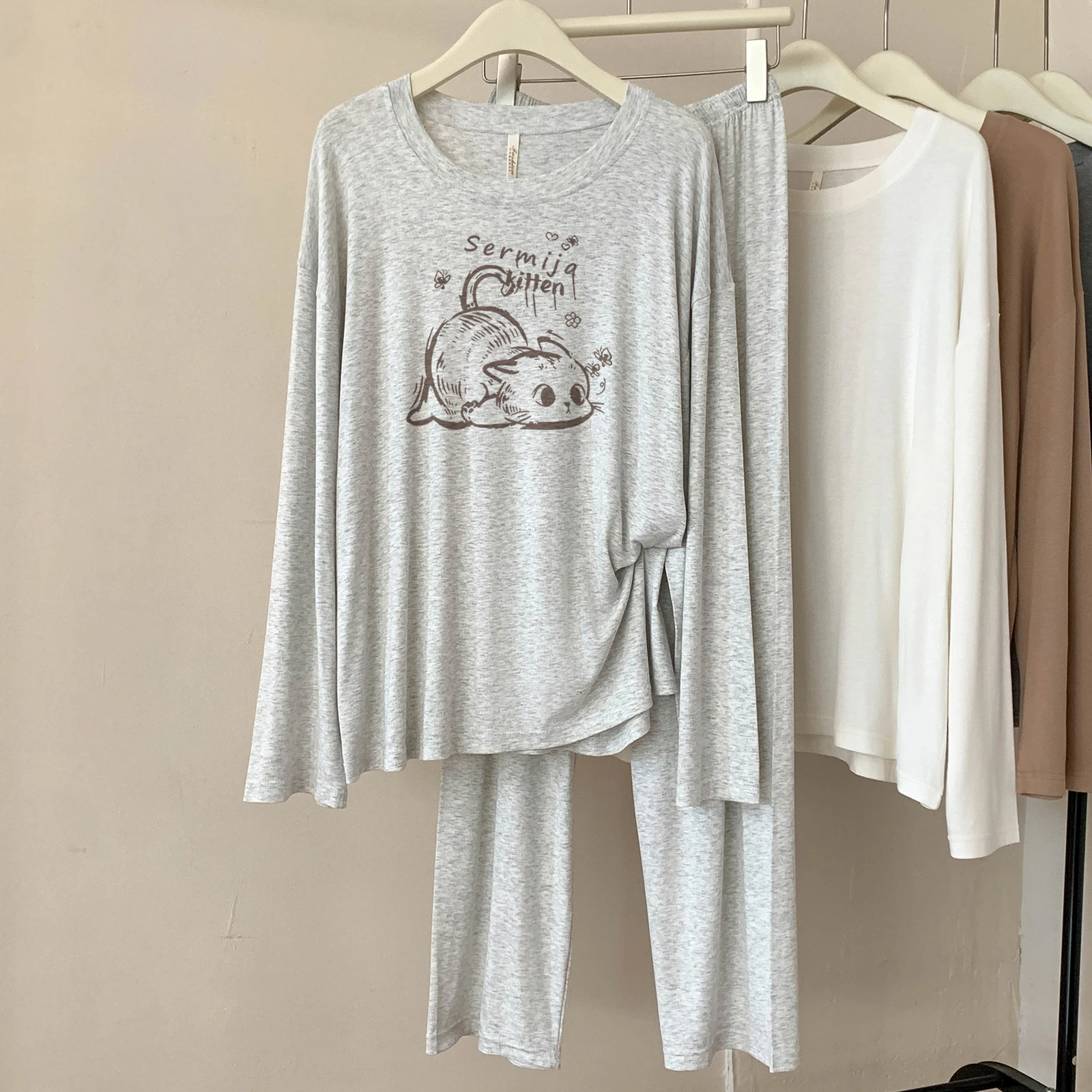 

5117-52 Modal Pajamas for Women, Spring and Autumn New Style, Casual, Simple, Solid Color, Round Neck, Long Sleeves, Comfortable