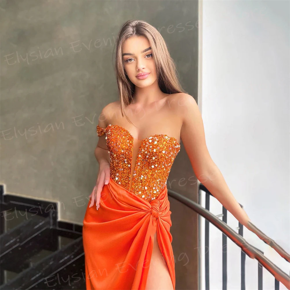 Vestido feminino sem mangas com um ombro, laranja, sereia, vestidos de formatura, lado a lado, lantejoulas, elegante, elegante