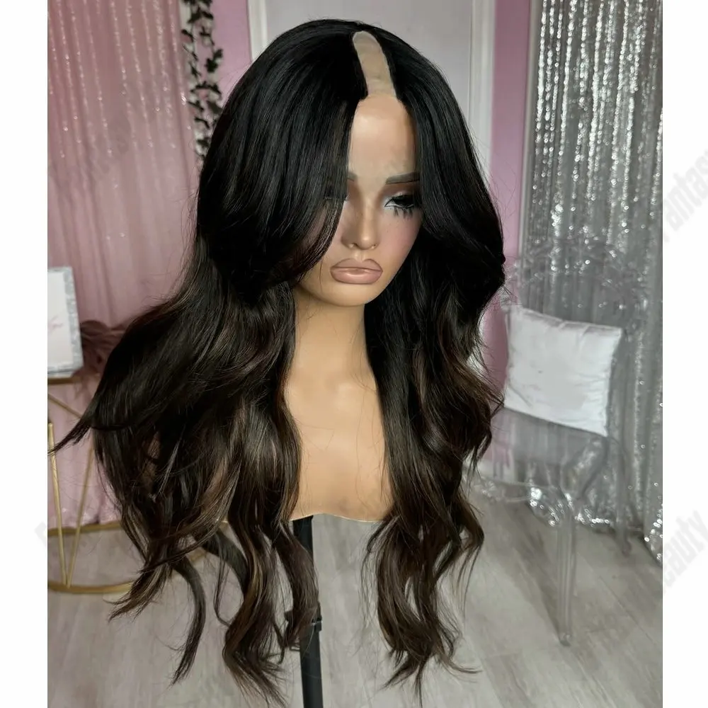

Slightly Cruly Highlight Ash Brown 1*4 V Part Wig 100% Human Hair For Women Glueless U Shaped Wig Remy Full Machine Made Wigs