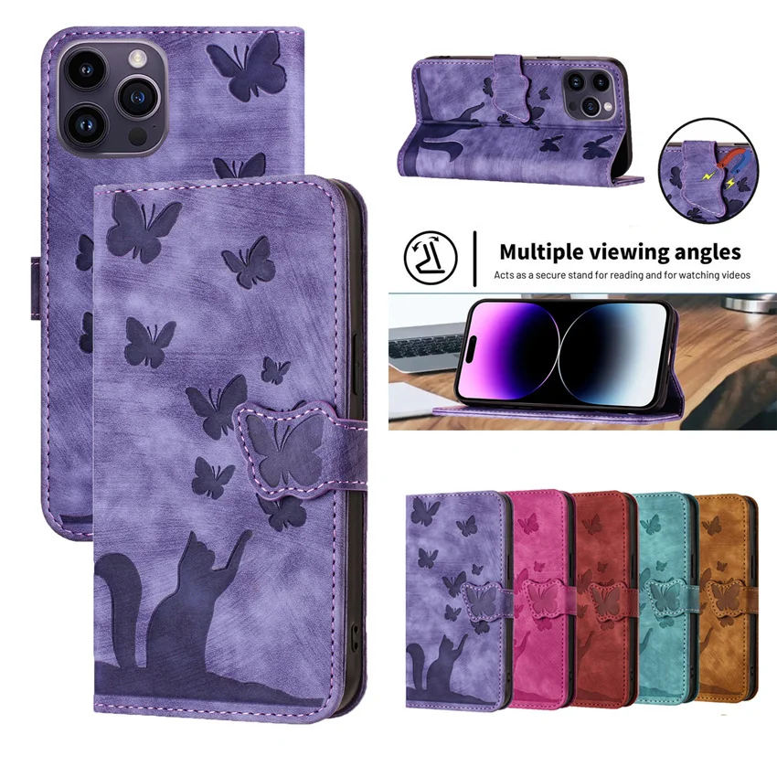 Cute Cat Butterfly Leather Flip Case For iPhone 15 14 7 8 Plus SE 2 2020 X XS XR 13 12 11 Pro Max MINI Phone Wallet Book Cover