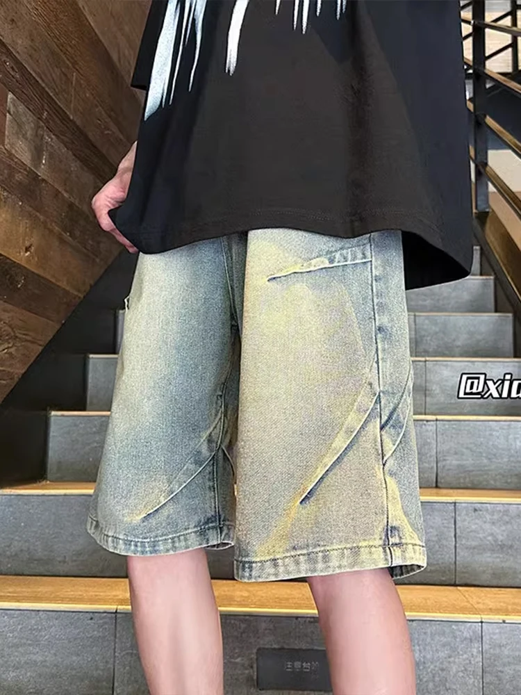 

Retro Blue Deconstructed Denim orts Men's Summer American Hiphop Loose Fit Five-Quarter Pants Youth Trendy Wear Resistant