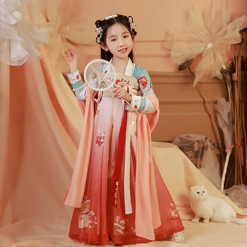 Kids Chiffon Spring Summer Ancient Hanfu Girls Long Sleeve Embroidery Tang Suit Children Chinese Lovely Perform Costumes