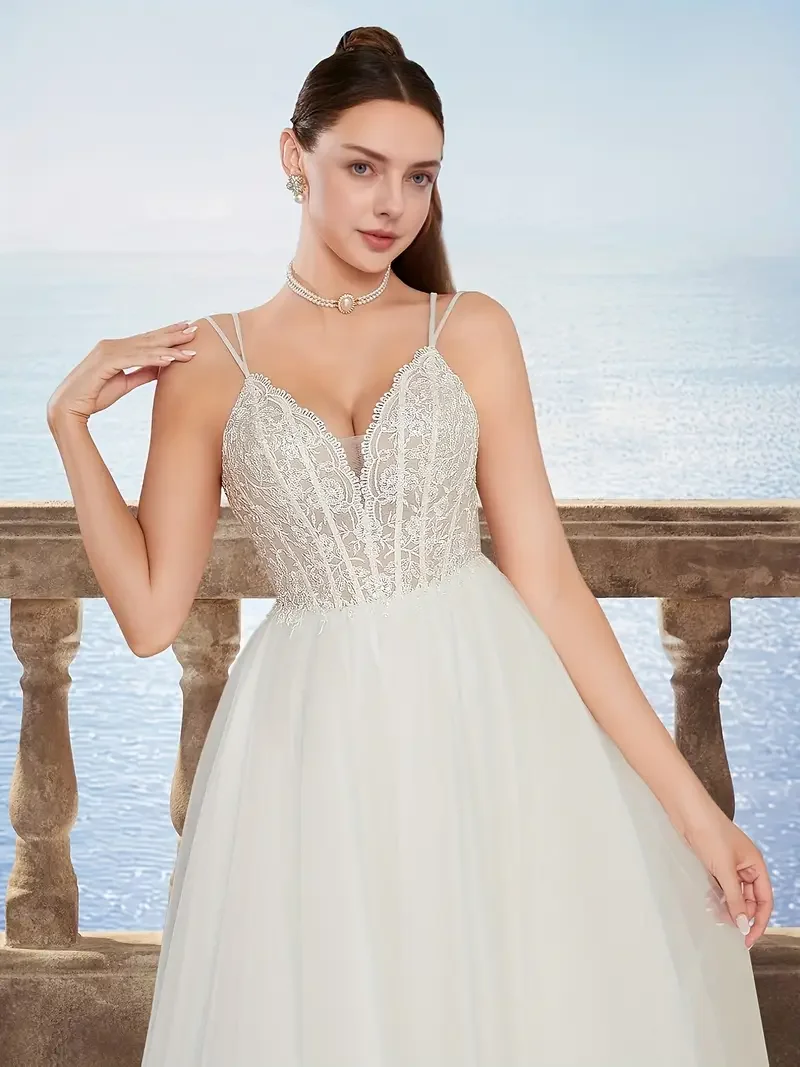 

Customized Women's Elegant Wedding Gown Long Formal Dress With Thin Shoulder Straps Flowing A-Line Skirt Mesh Fabric Sleeveless