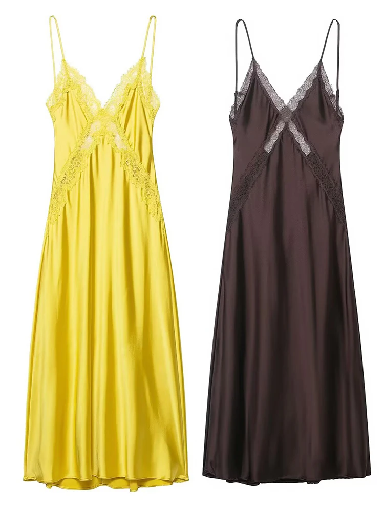 Hh moda feminina sexy cetim renda estilingue midi vestidos primavera verão feminino sem costas sem mangas com decote em v elegante vestido de festa à noite