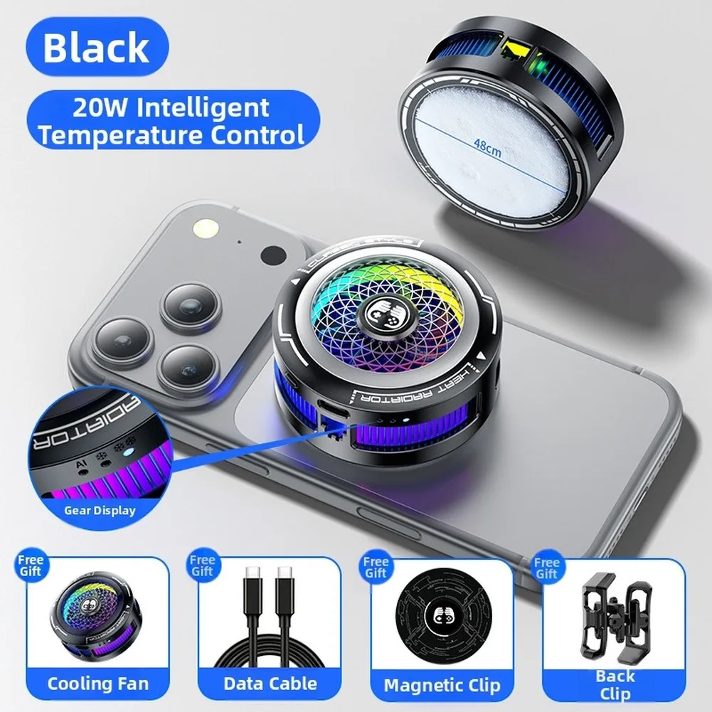 Magnetic Phone Cooler 20W USB-C Powered Fan AI Temperature Adjustment Capability 3000-4500 RPM RGB Light Effects