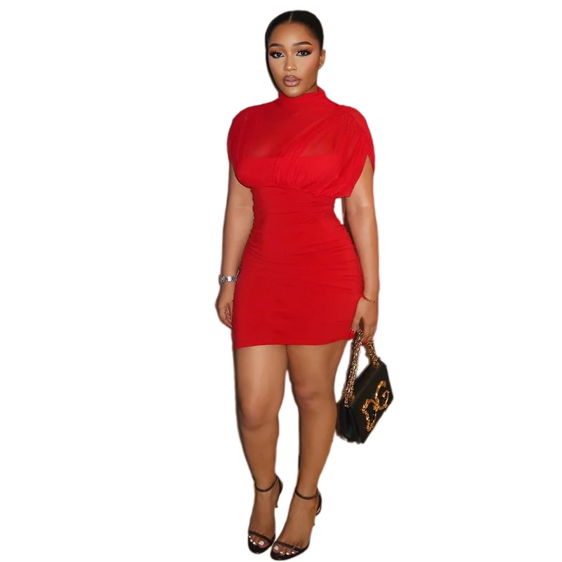 Women's Turtleneck Short Sleeve Pleated Waistband Bodycon Hips Wrapped Mini Dress, Solid Color