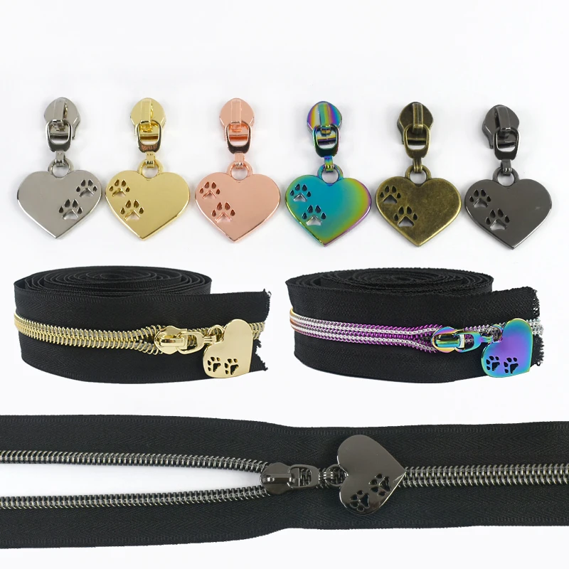 

2/5/8/10M 5# Nylon Zip+Zips Puller Heart Shaped Paw Print Zippers Head Clothing Decor Zipper Repair Kit DIY Sewing Accessories