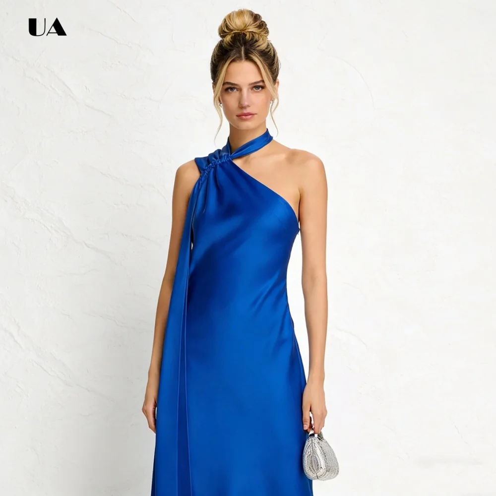 ULBYANRN Abito da ballo a trapezio senza maniche, abito da sera in raso solido con colletto a sciarpa, abito da festa personalizzato con dettagli drappeggiati