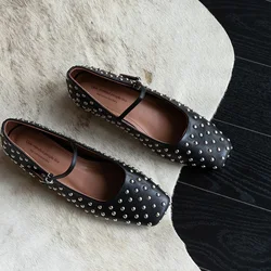 2024 New Rivets Women Flats Genuine Leather Buckles Spring Summer Fashion Height Increasing Shoes Mary Jane Flats Shoes Woman