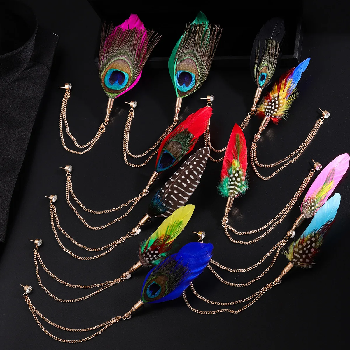 Retro Feather Brooch Rhinestone Tassel Chain Lapel Pins for Men Stage Costume Badge Fashion Wedding Jewelry Accessory