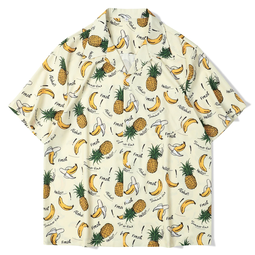 Fashion Mens Hawaiian Pineapple and Banana Print Shirts Short Sleeve Tops Casual Summer Harajuku Clothing