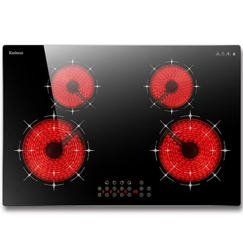 電気セラミックコンロ、4バーナーセンサー、タッチコントロール、多機能安全ロック、タイマー、黒いガラス表面、7100W電源、30インチ