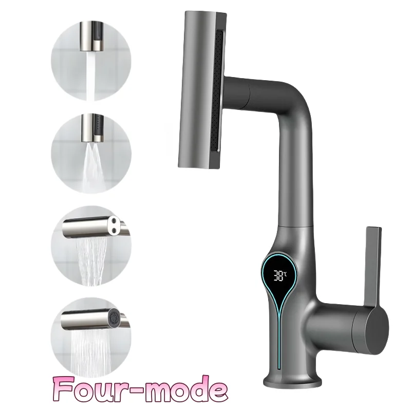 

New Waterfall Temperature Digital Display Basin Faucet Lift Up Down Stream Sprayer Hot Cold Water Sink Mixer Wash Tap Bathroom