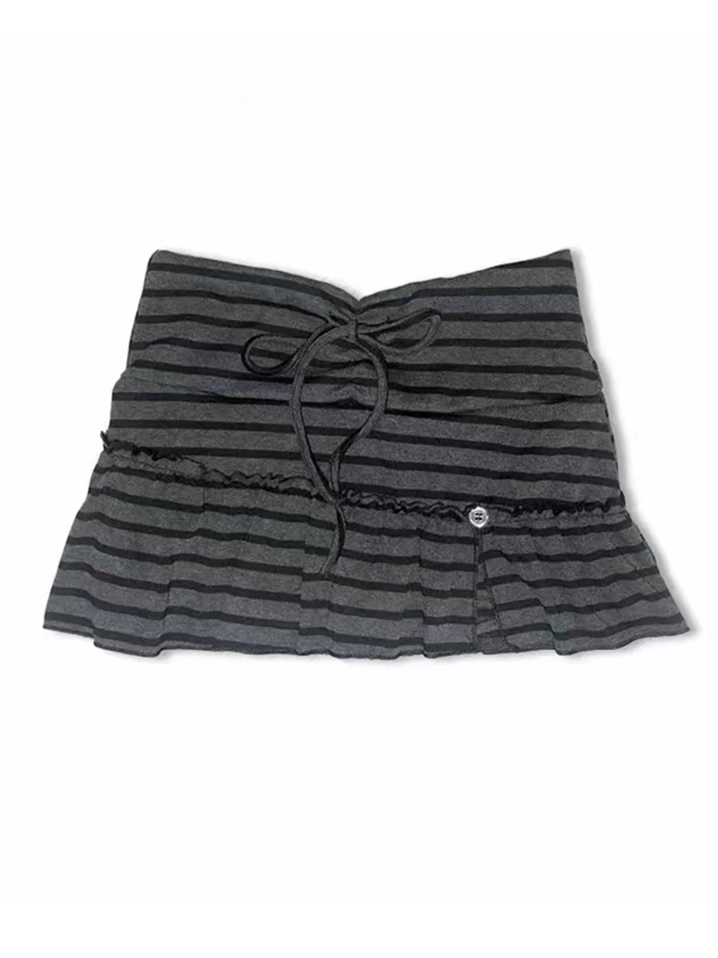 Y2K Trendy Grey Striped Women's  Skirt with Drawstring And Buttons Casual Summer High Waist A-Line Short Skirt