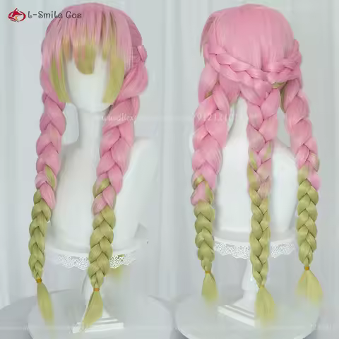 Anime Kanroji Mitsuri Cosplay Wig 80cm Long Pink Green Wigs With Pre Three Braids Heat Resistant Synthetic Hair + Wig Cap