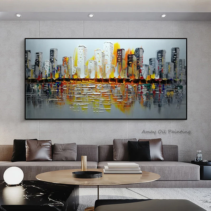 Handpainted Modern Wall Paintings Thick Impasto Cityscape Oil Painting Palette Knife Abstract Skyscraper Canvas Art Home Decor