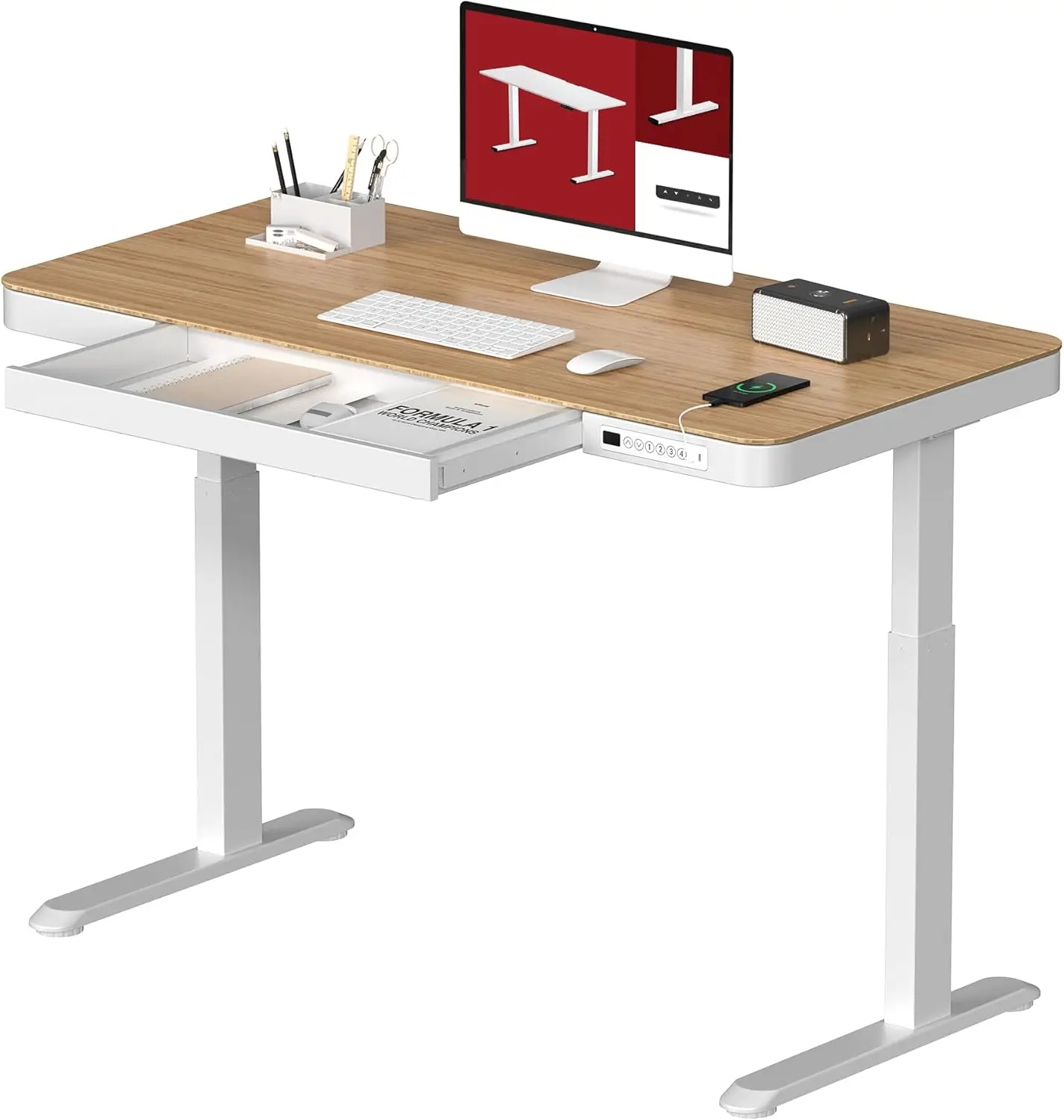 

Standing Desk with Drawer Electric Height Adjustable Home Office Desk with Storage USB Ports48 inch Bamboo Texture