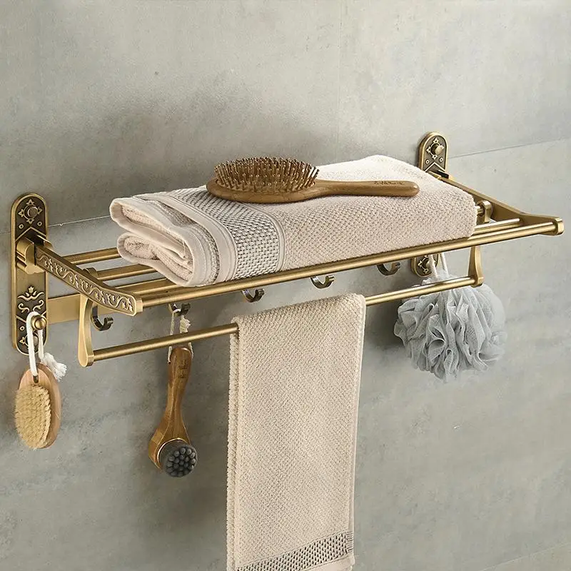 Nail Free Foldable Antique Brass Bath Towel Rack Active Bathroom Towel Holder Double Towel Shelf with Hooks Bathroom Accessories