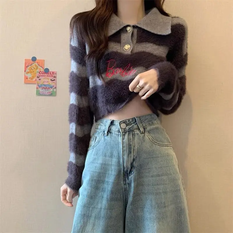 Anime Barbie Polo Collar Striped Sweater Women\'s Fall Winter Lazy Loose Bottoming Kawaii Sweater Short Letter Embroidered Tops