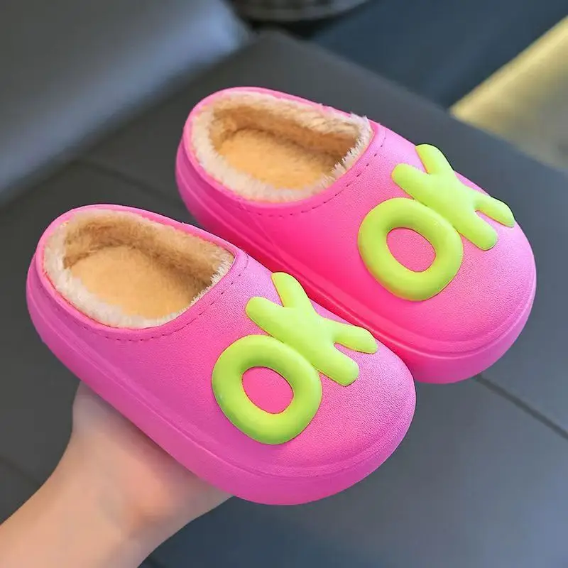 

Children's Parent-child Adult Fur Slippers Winter with Soft Bottom Anti Slip Warm Waterproof Baby Letter Cartoon Plush Outer