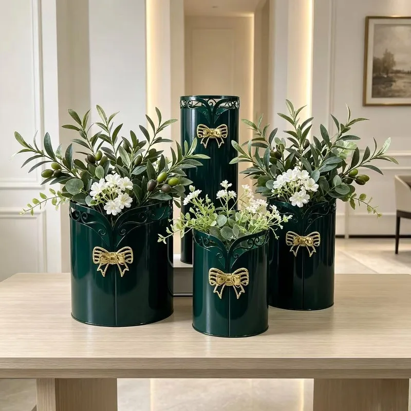 Yjq French bow hollow flower bucket light luxury wrought iron hug bucket wedding road lead cylinder flower pot