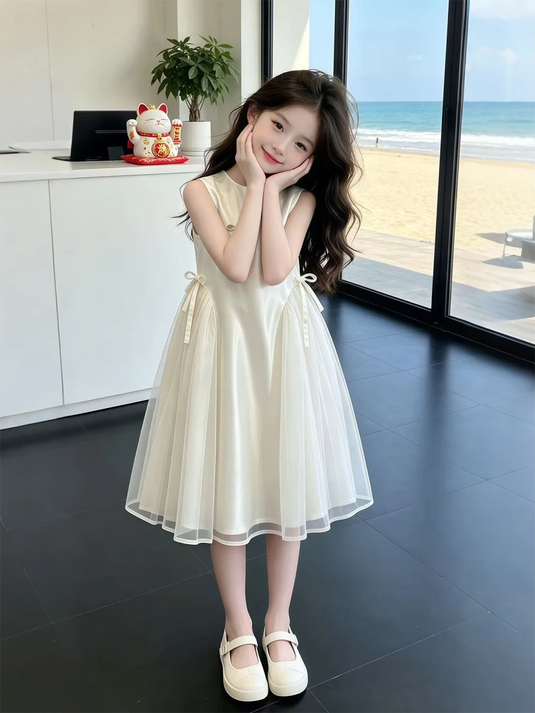 Vestido Sem Mangas Estilo Princesa Branco com Saia de Tule para Meninas, Nova Chegada de Verão, Respirável e Confortável para Crianças