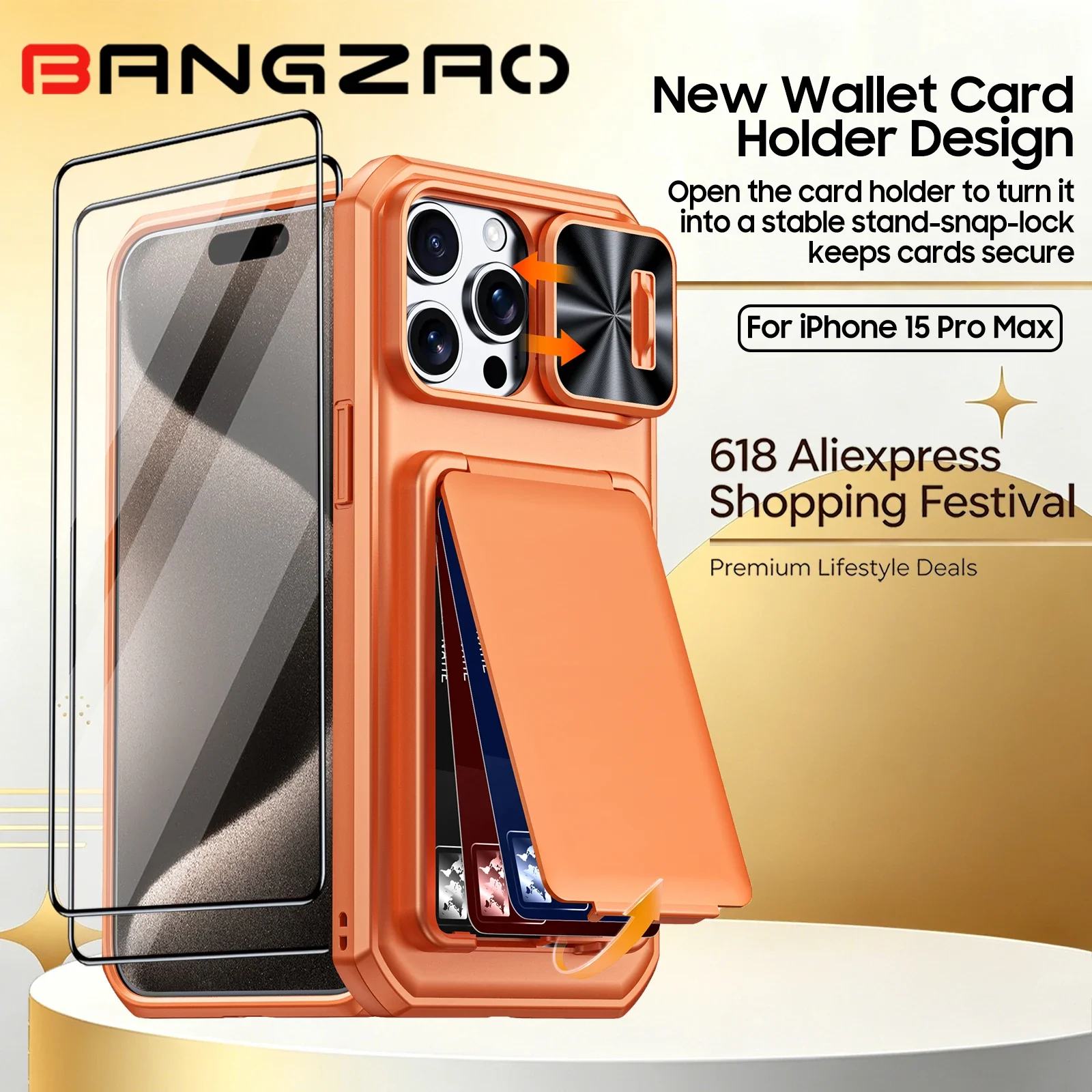 

618Sale Offer Camera Lens Cover Case For iPhone 15 Pro Max RFID Blocking Card Holder Military Grade Drop Protection Cover-Orange